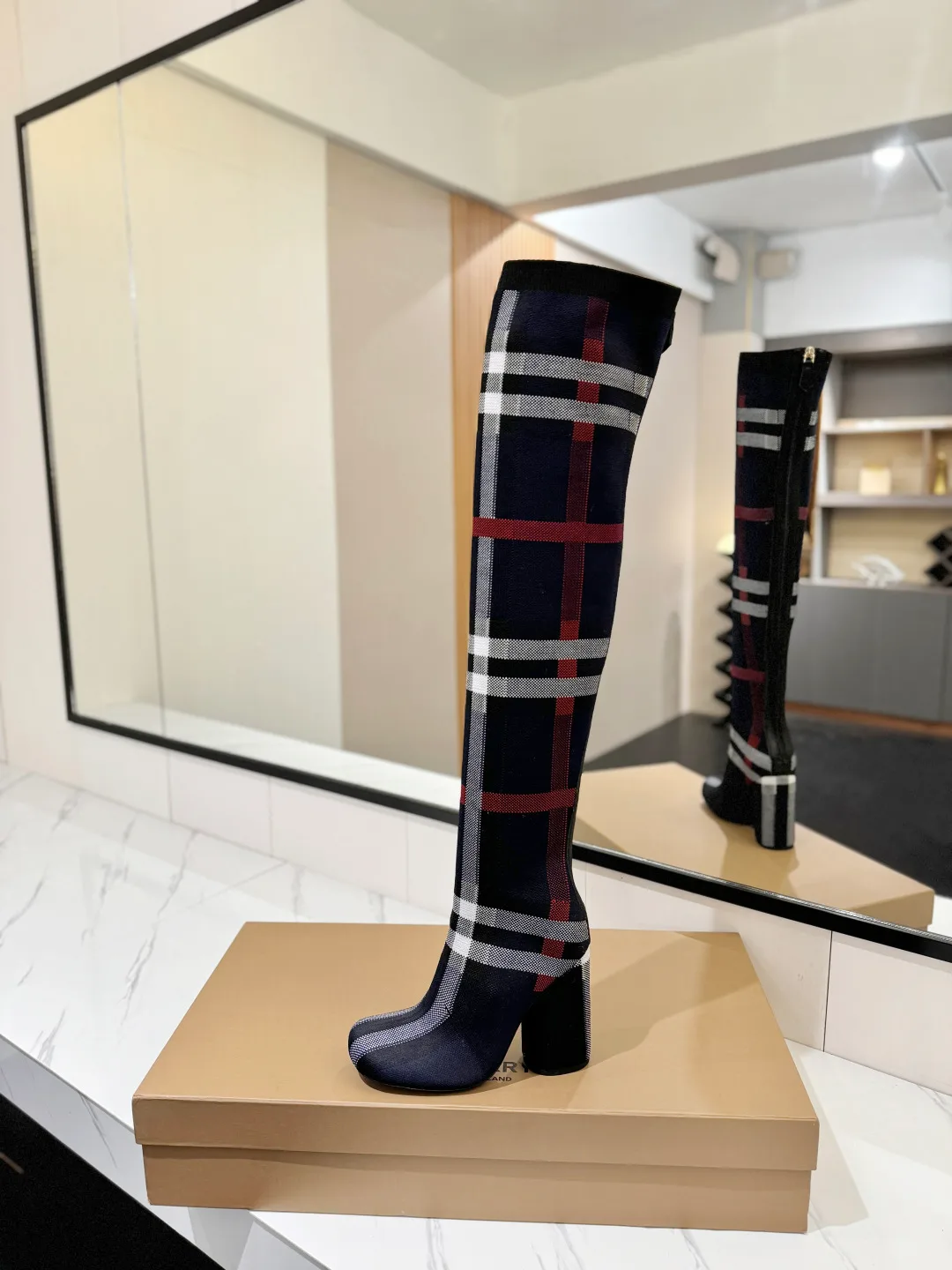 Burberry Ribbed Check Knee-High Boots in Blue · view 5
