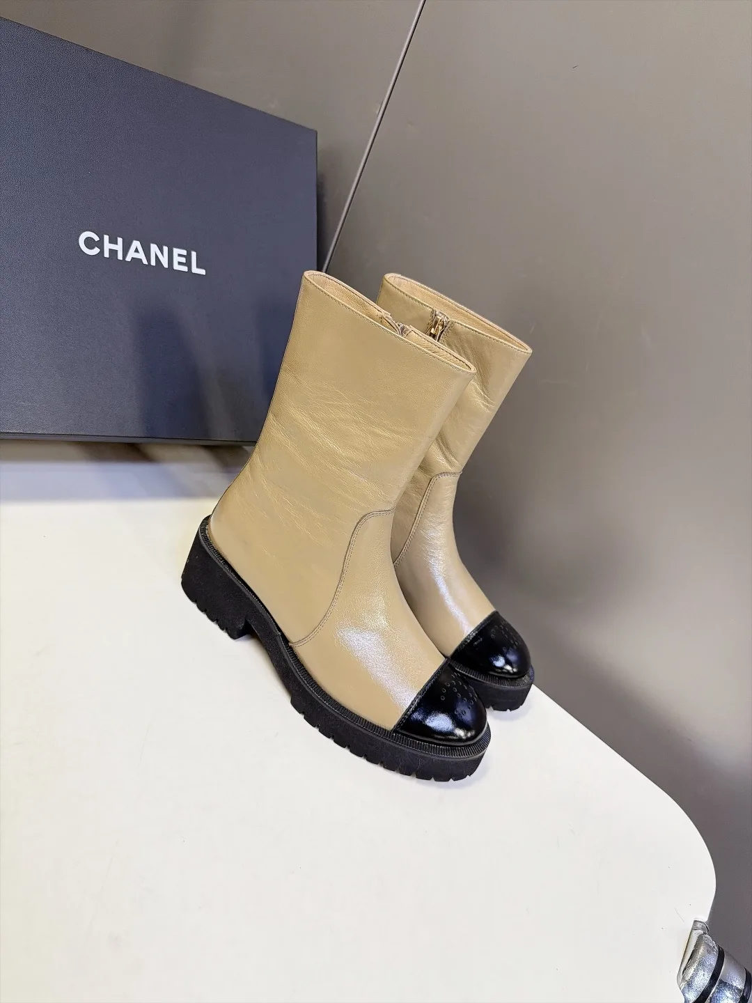 Chanel Cowhide Patent Leather Glossy Round-Toe Ankle Boots in Beige · view 2
