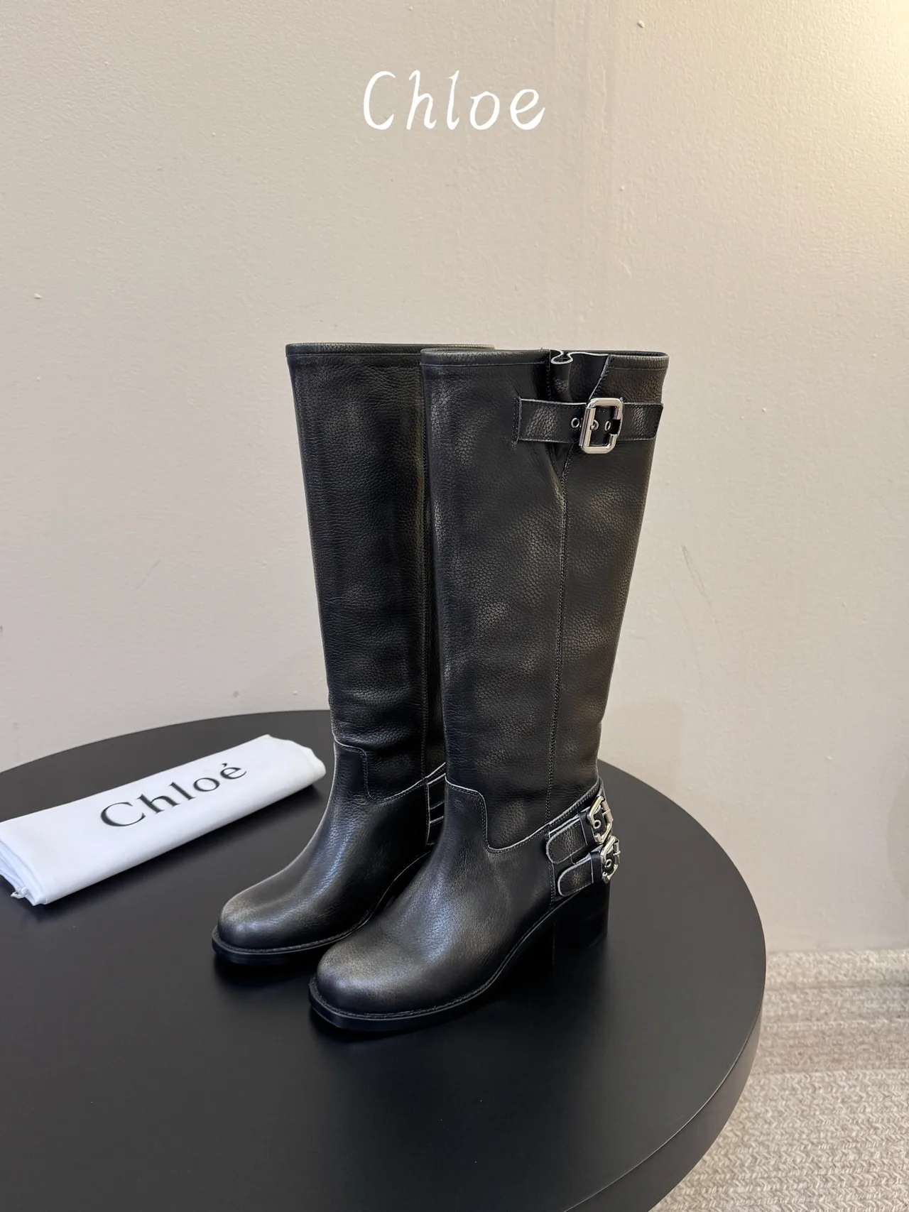 Cowhide Ribbed Glossy Round-Toe Triple-Buckle Knee-High Boots in Black · view 5