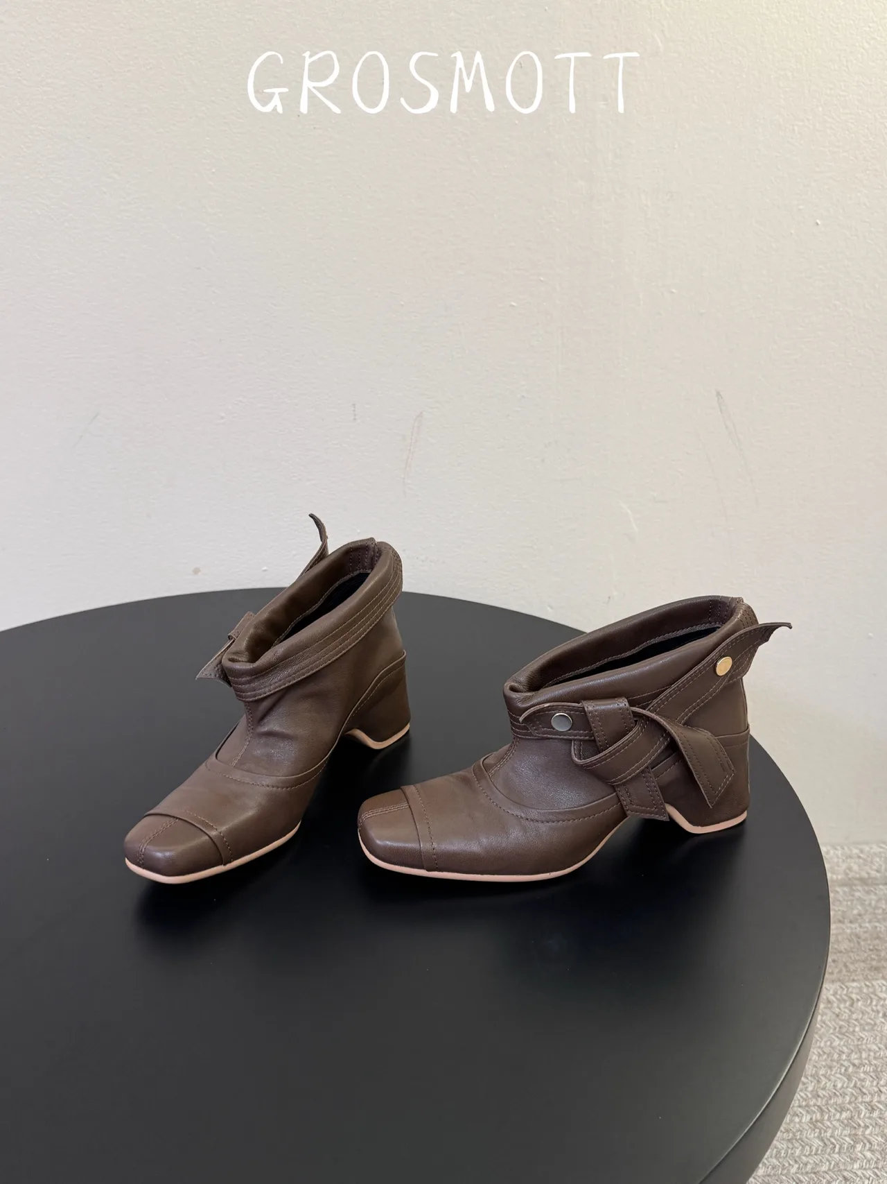 Sheepskin Smooth Pointed-Toe Buckle Ankle Boots in Brown · view 3