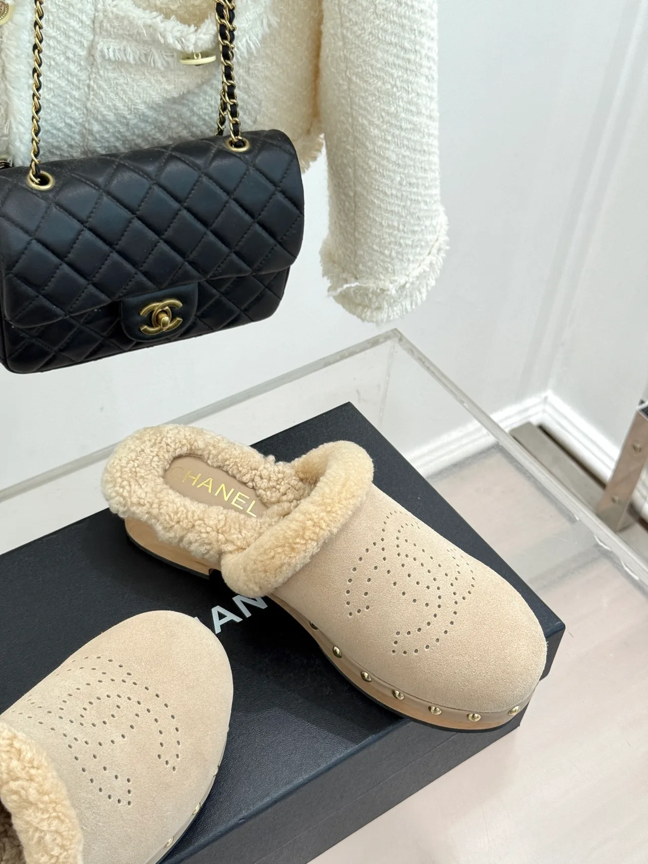Chanel Patent Leather Wool Mules in Beige · view 5