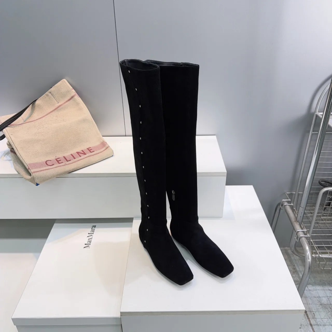 Max Mara Glossy Suede-Look Pointed-Toe Knee-High Boots in Black · view 1
