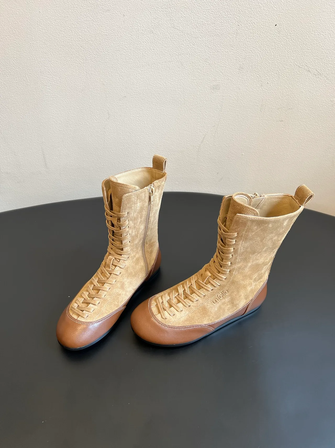 Suede-Look Side-Zip Lace-Up Boots in Brown · view 2