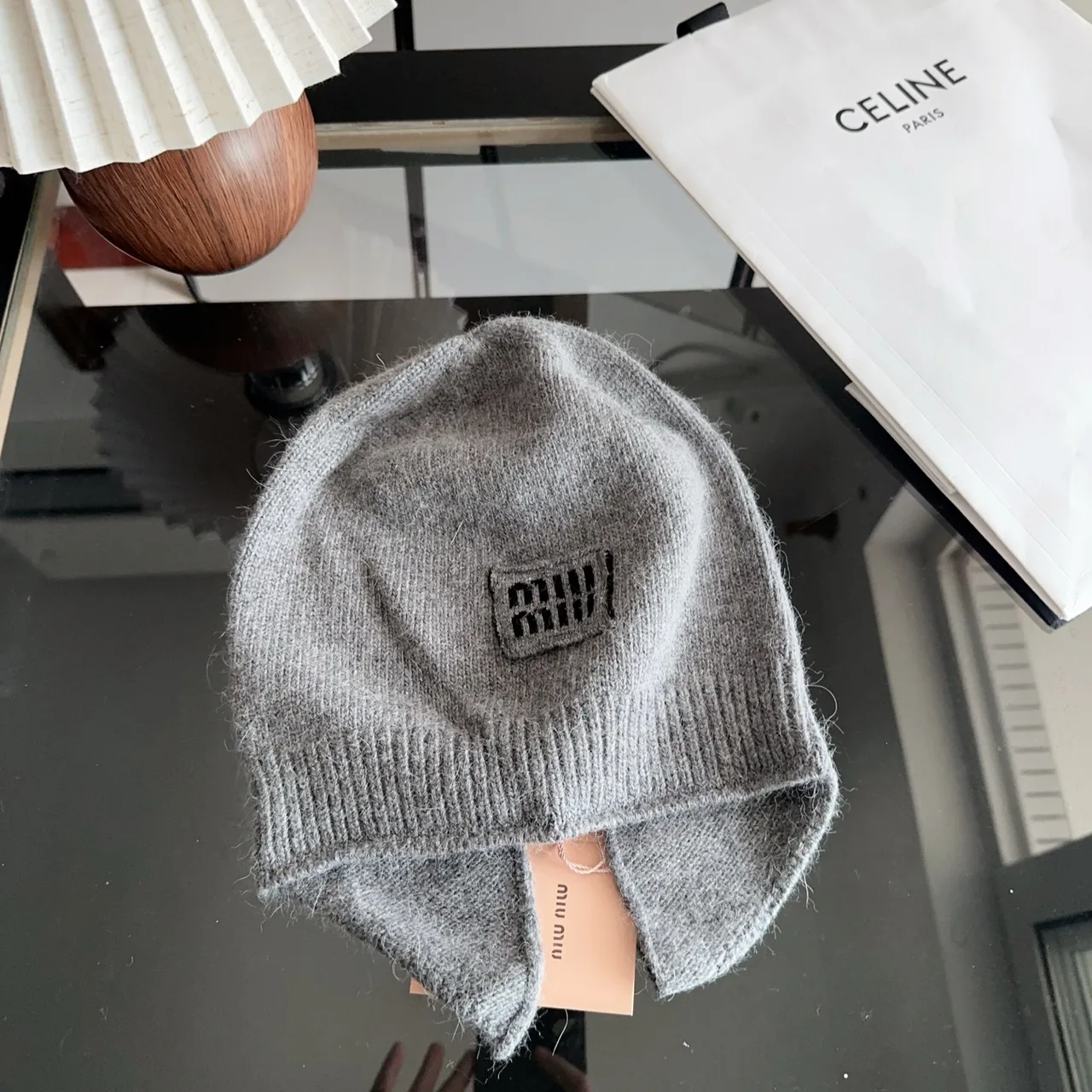 Miu Miu Ribbed Beanie in Grey · view 3