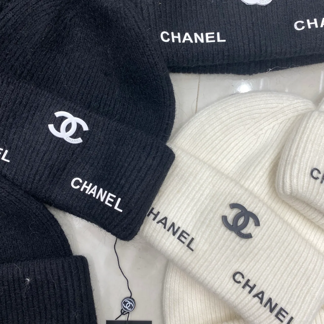 Chanel CC Script Beanie in Black & Cream · view 5