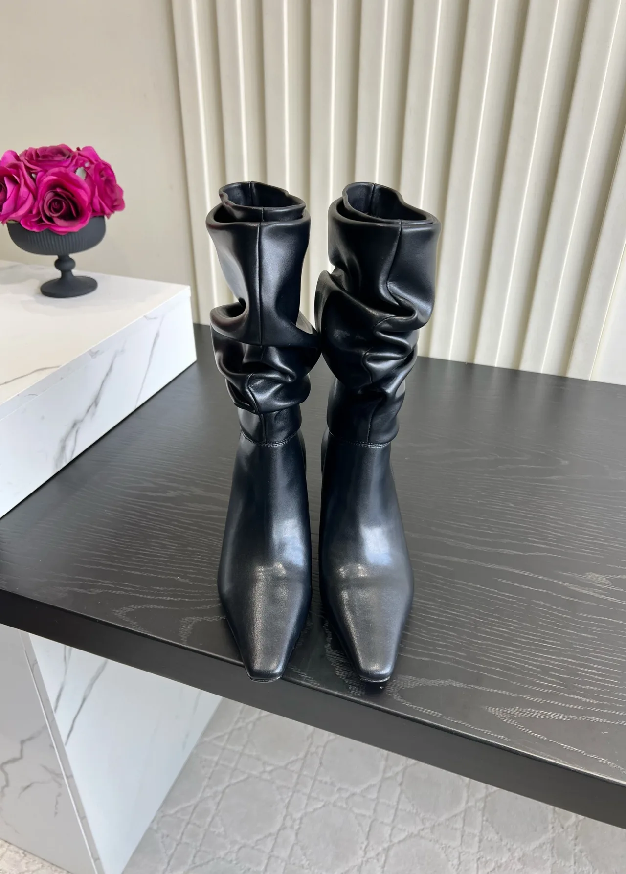 Amina Muaddi Cowhide Glossy Pointed-Toe Boots in Black · view 1
