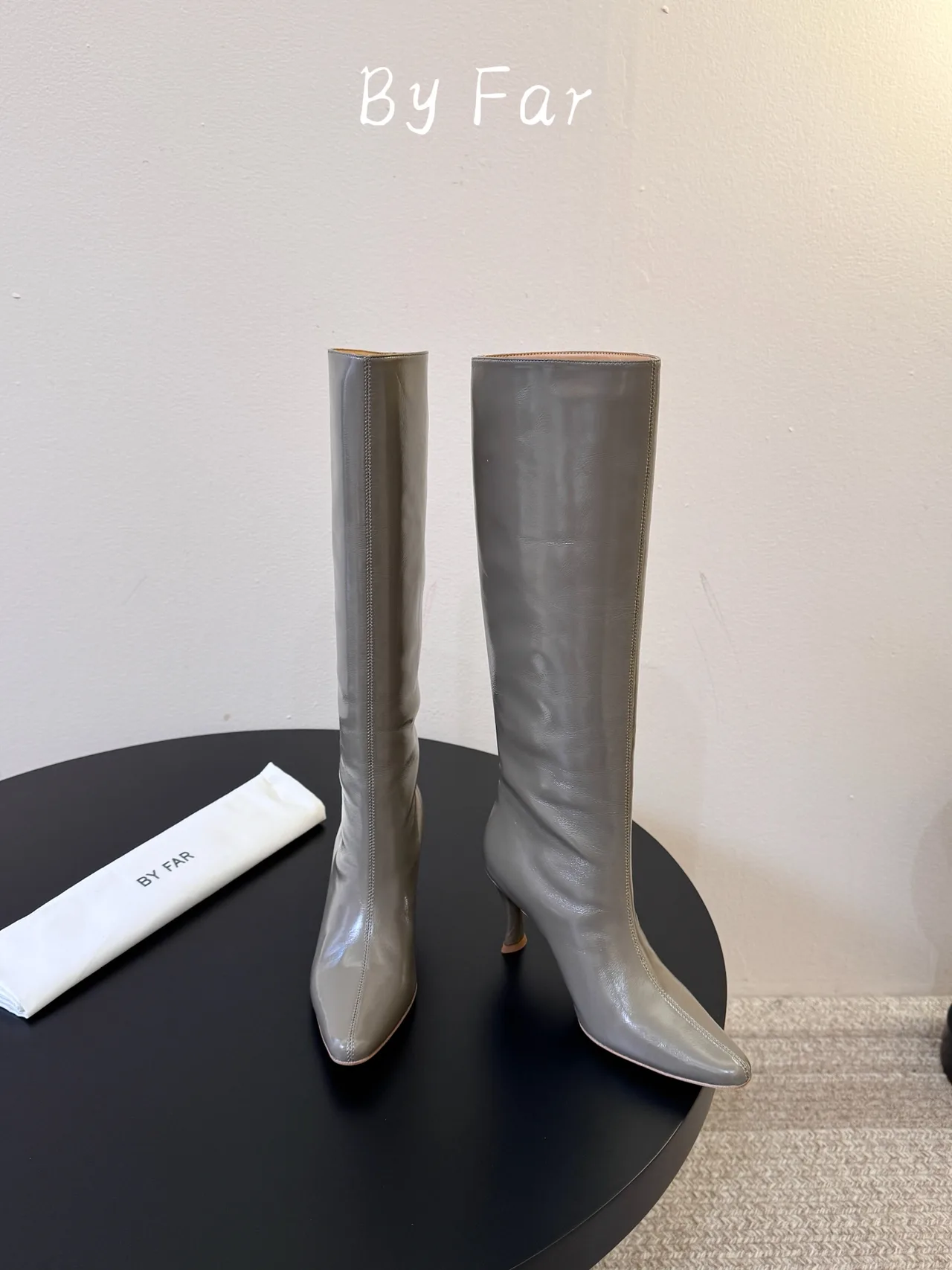 By Far Glossy Pointed-Toe Knee-High Boots in Grey · view 2