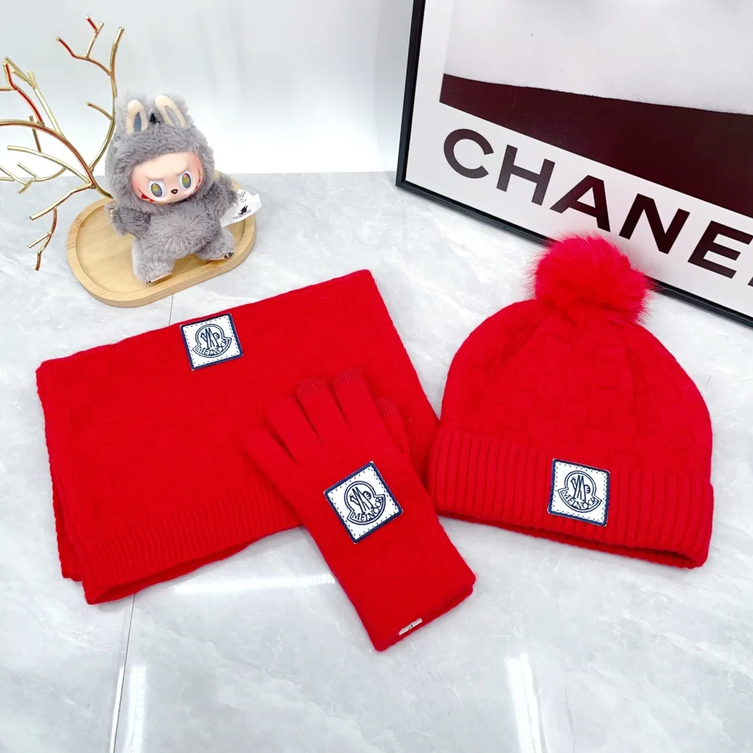 Moncler Wool Beanie, Scarf and Gloves Set in Red · view 1