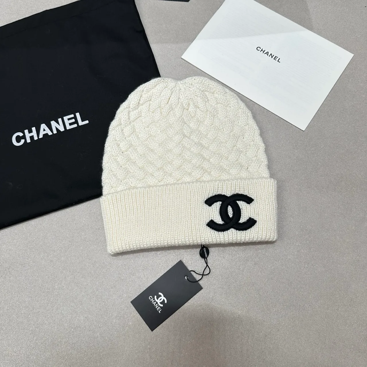 Chanel Textured CC knit beanie in Black & Pink & Cream · view 3