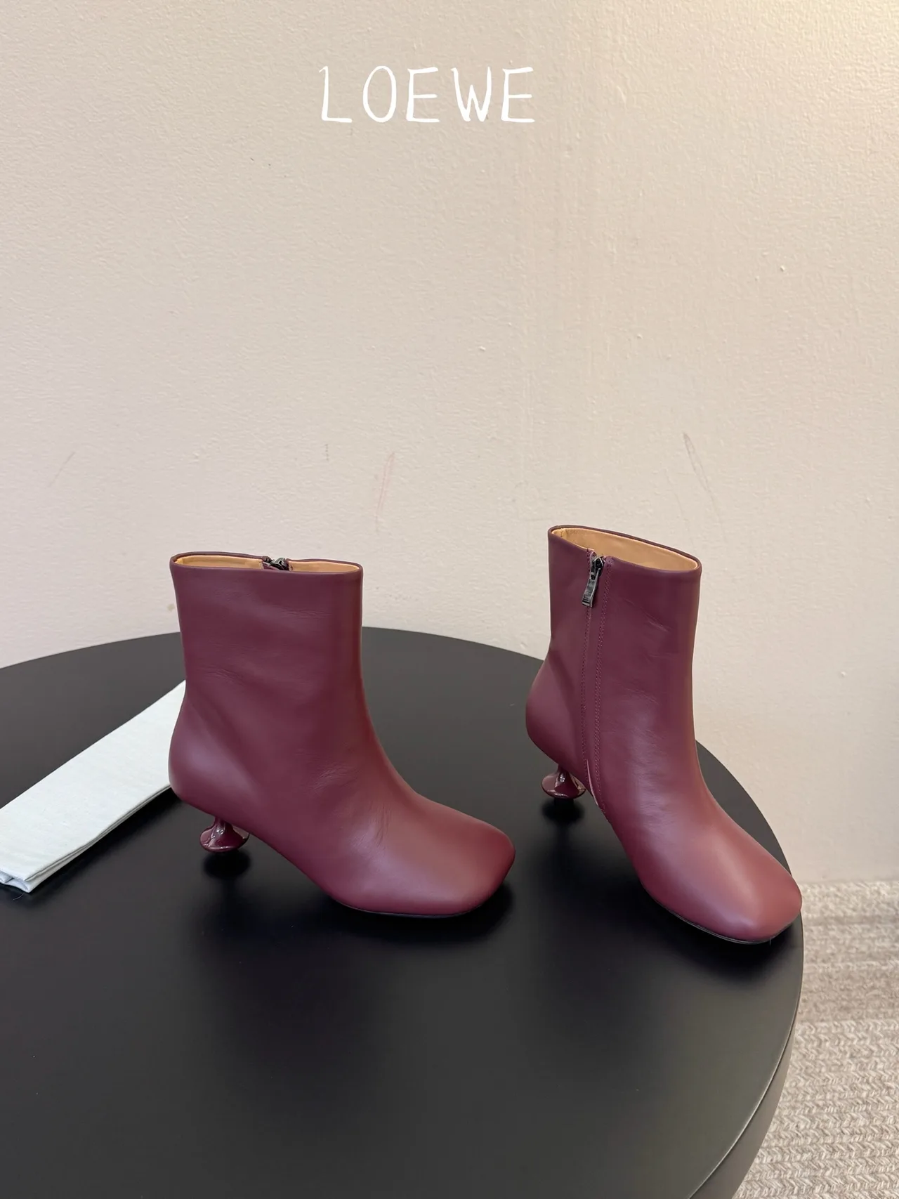 Loewe Cowhide Glossy Round-Toe Ankle Boots in Burgundy · view 4