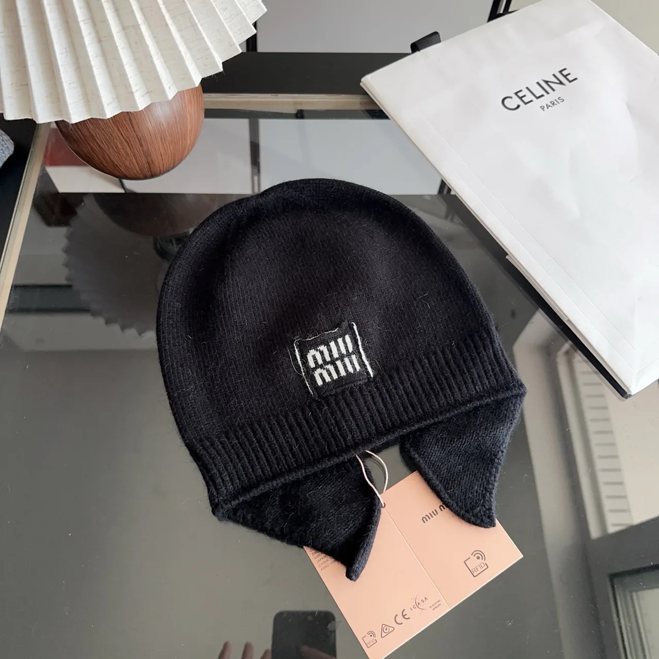 Miu Miu Ribbed Beanie in Black · view 5