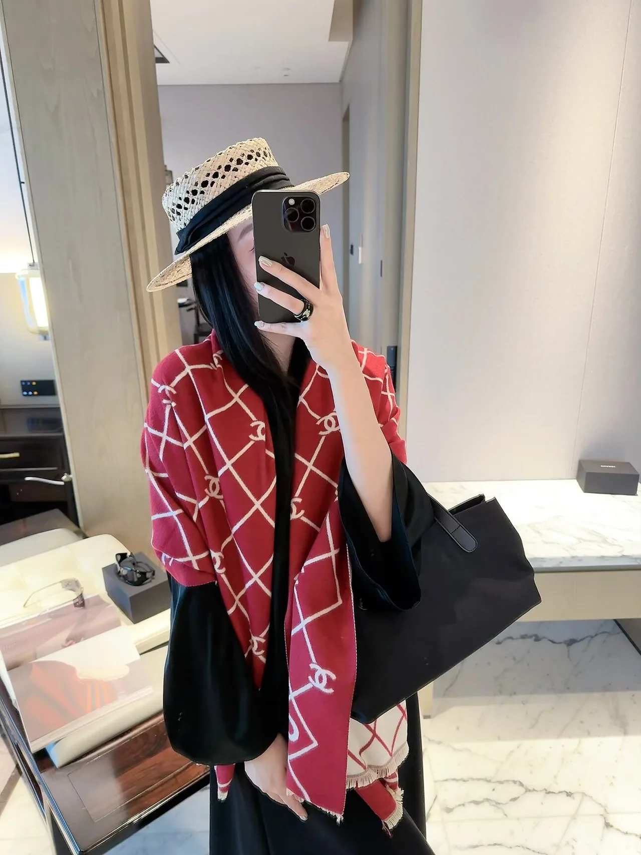 Chanel Diamond CC Shawl in Blue & Red & Grey · view 6