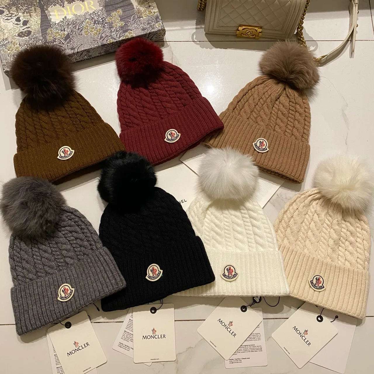 Moncler Pom-Pom Beanie in Black & White & Cream & Tan & Grey & Burgundy & Brown · view 8