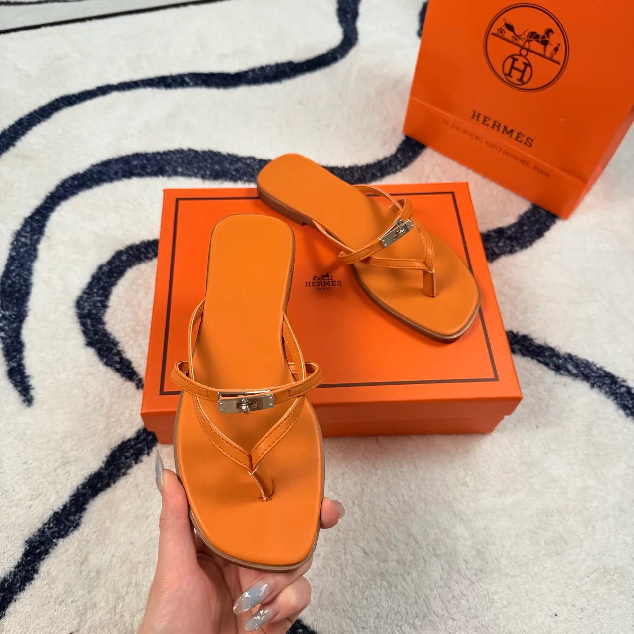 Hermes Denim Leather Flip-Flops in Orange · view 5