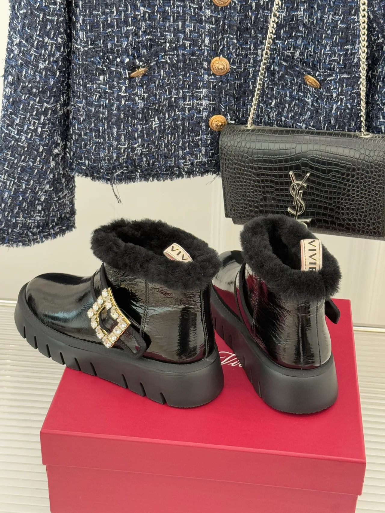 Roger Vivier Wool Glossy Fur-Lined Ankle Boots in Black · view 4