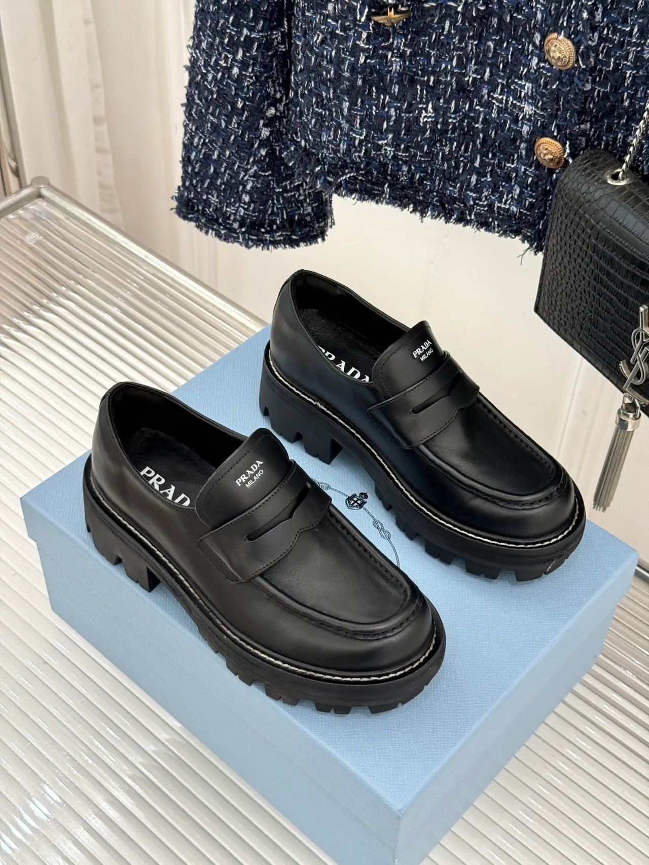 Prada Cowhide Denim Smooth Loafers in Black · view 4