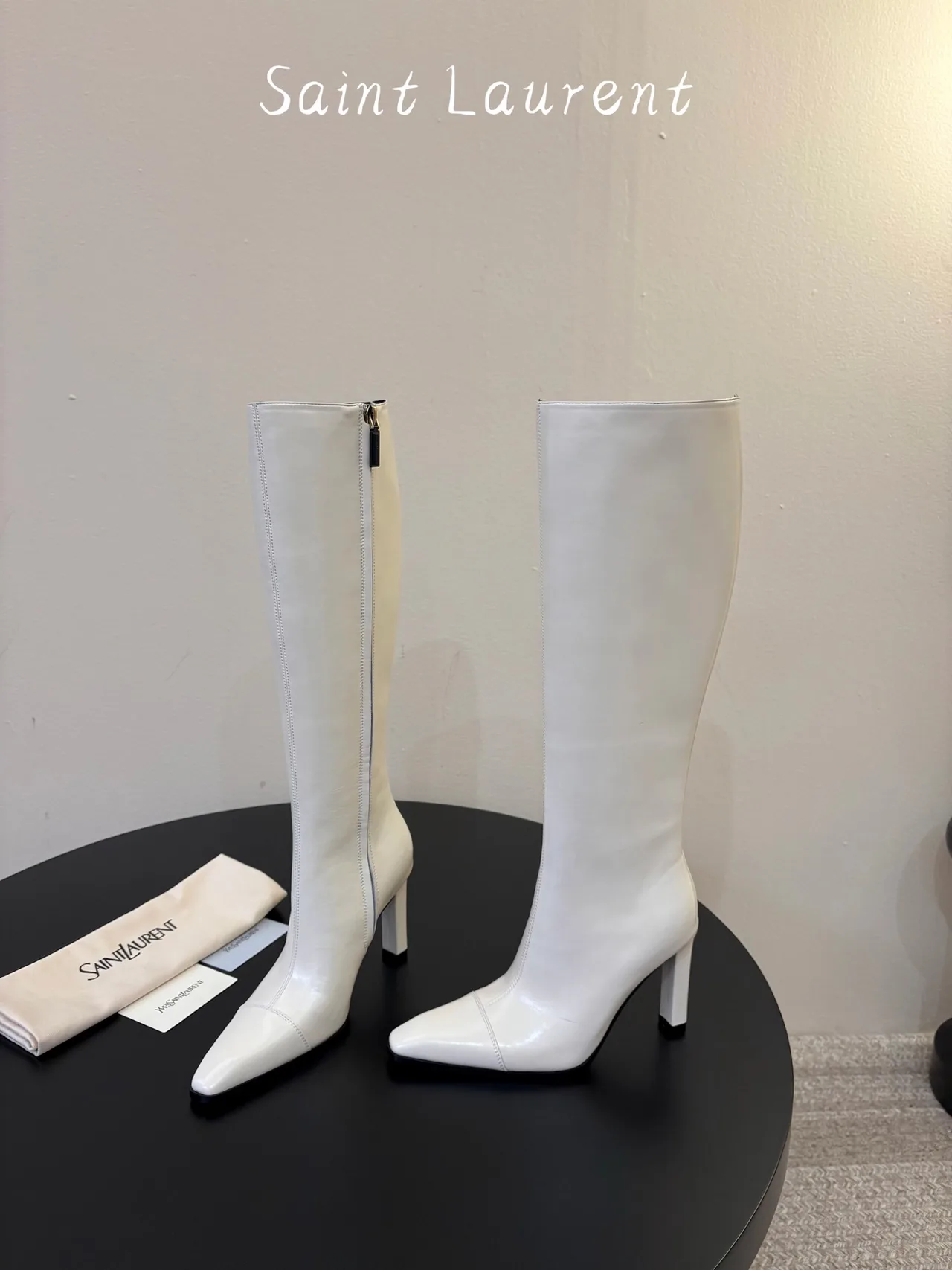 Saint Laurent Cowhide Sheepskin Knee-High Boots in White · view 3