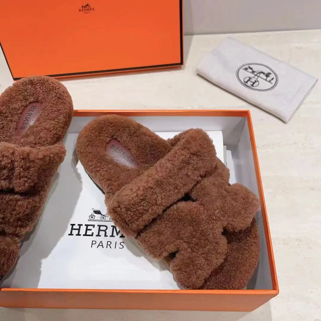 Hermes Sheepskin Chypre Shearling Slides in Brown · view 6