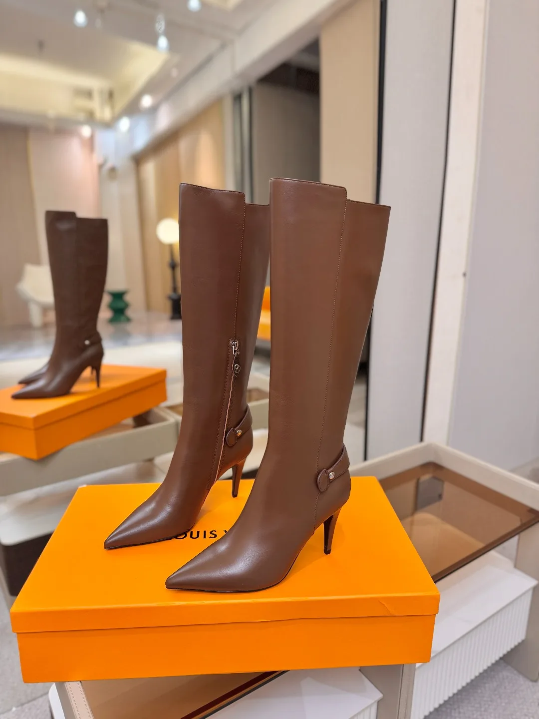 Louis Vuitton Calfskin Knee-High Stiletto Boots in Brown · view 3