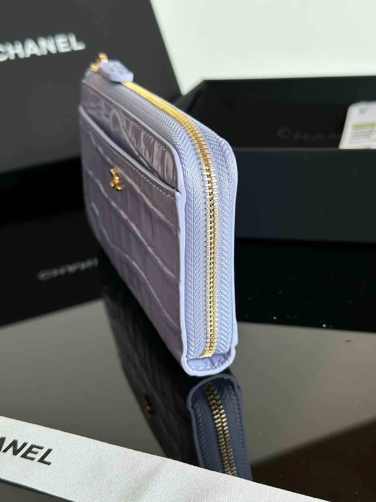 Chanel 26S CF Croc-Embossed Zip Card Holder in Purple · view 7
