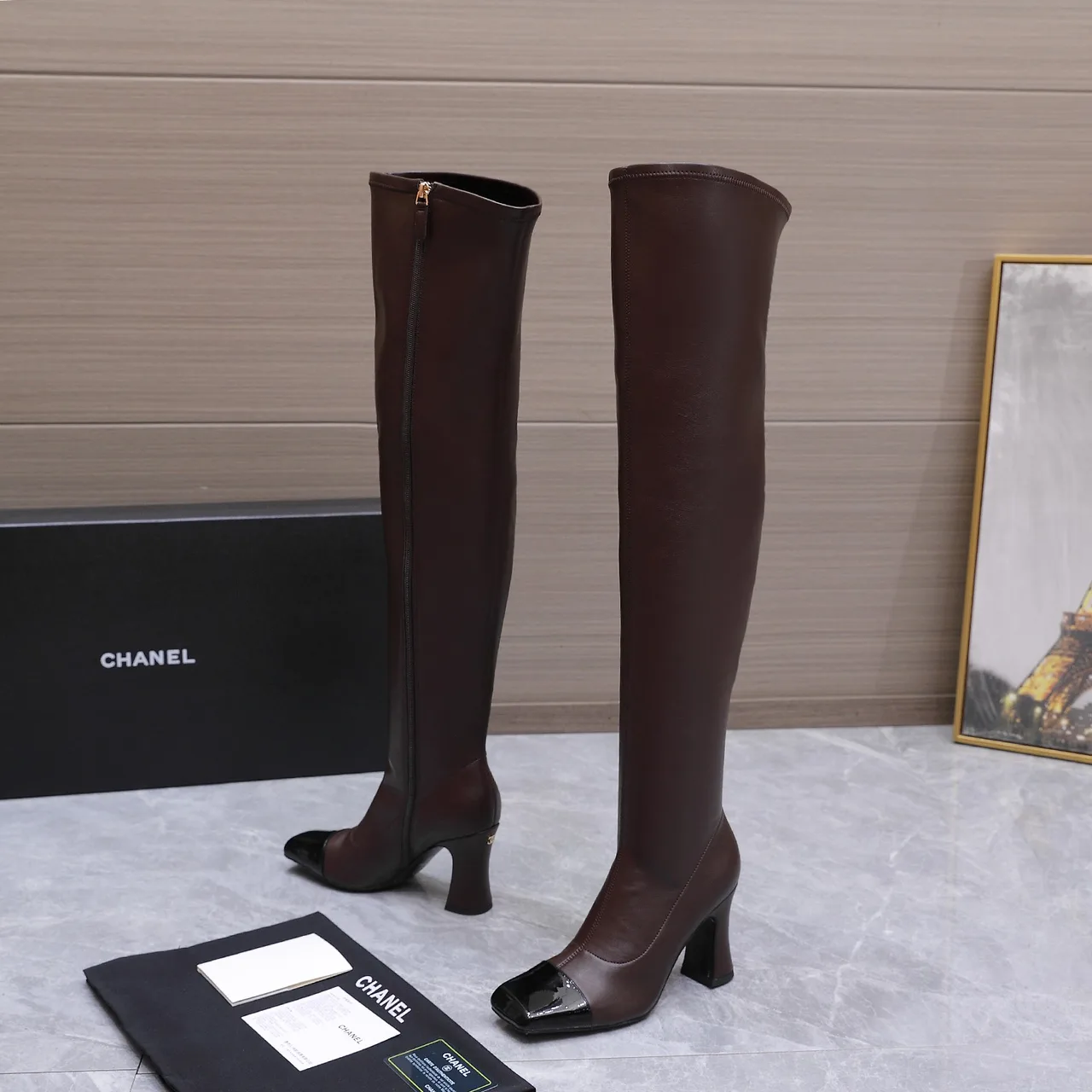 Chanel Cowhide Glossy Square-Toe Boots in Brown · view 1