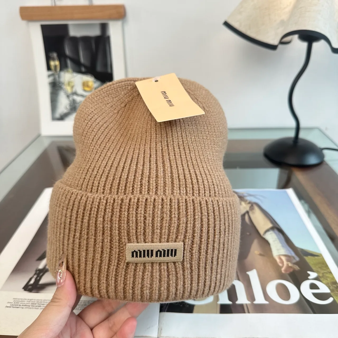 Miu Miu Ribbed Beanie in Tan · view 5