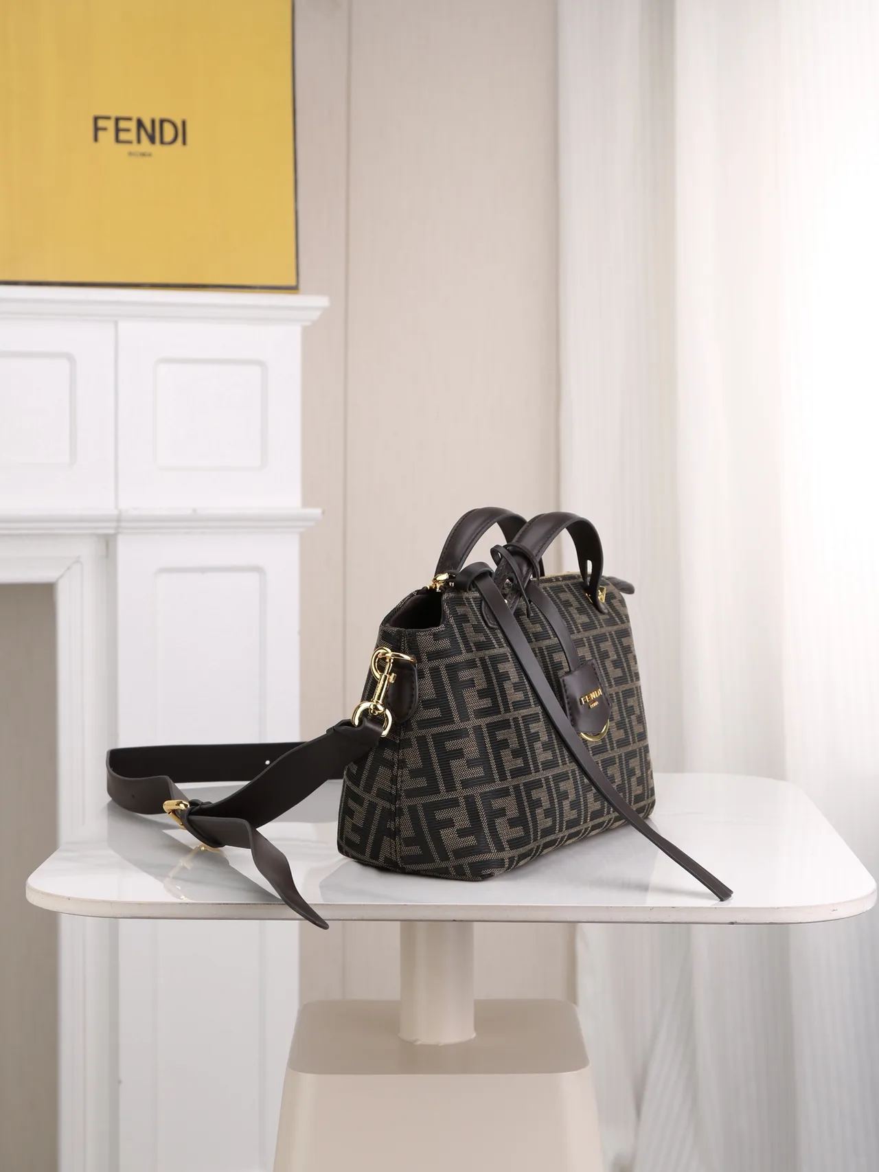 Fendi Calfskin FF-Monogram Top-Handle Zip Satchel in Brown · view 3