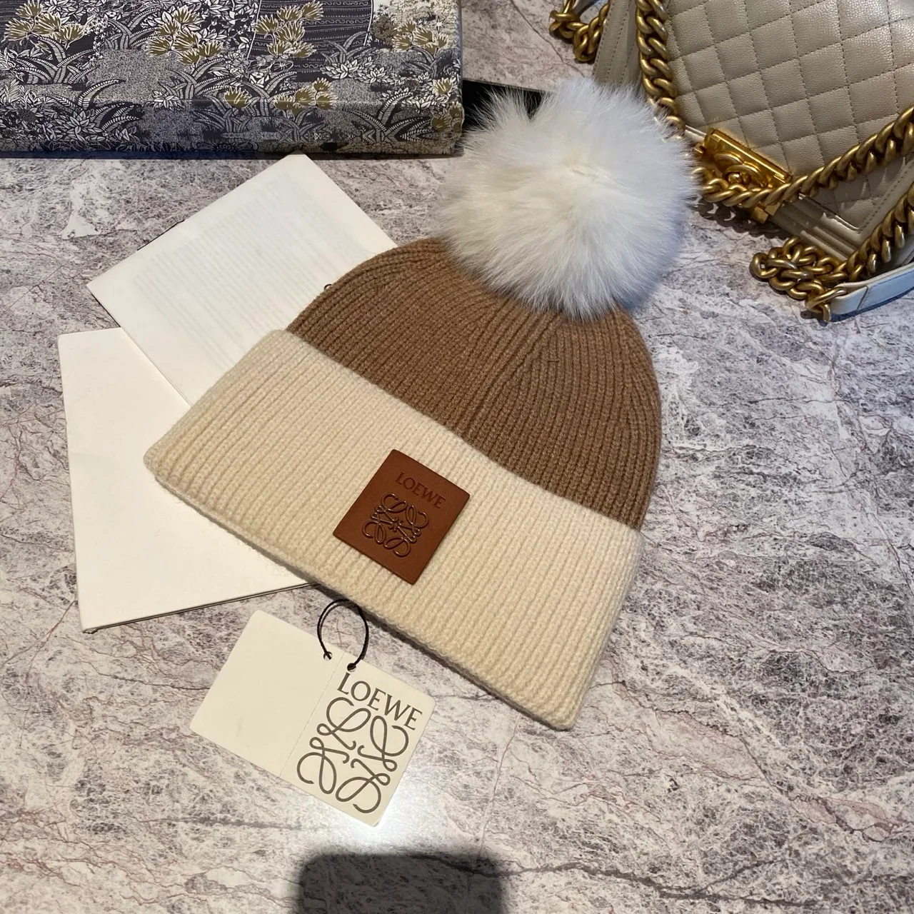Loewe Colorblock Pom Beanie in Black & White & Brown · view 4