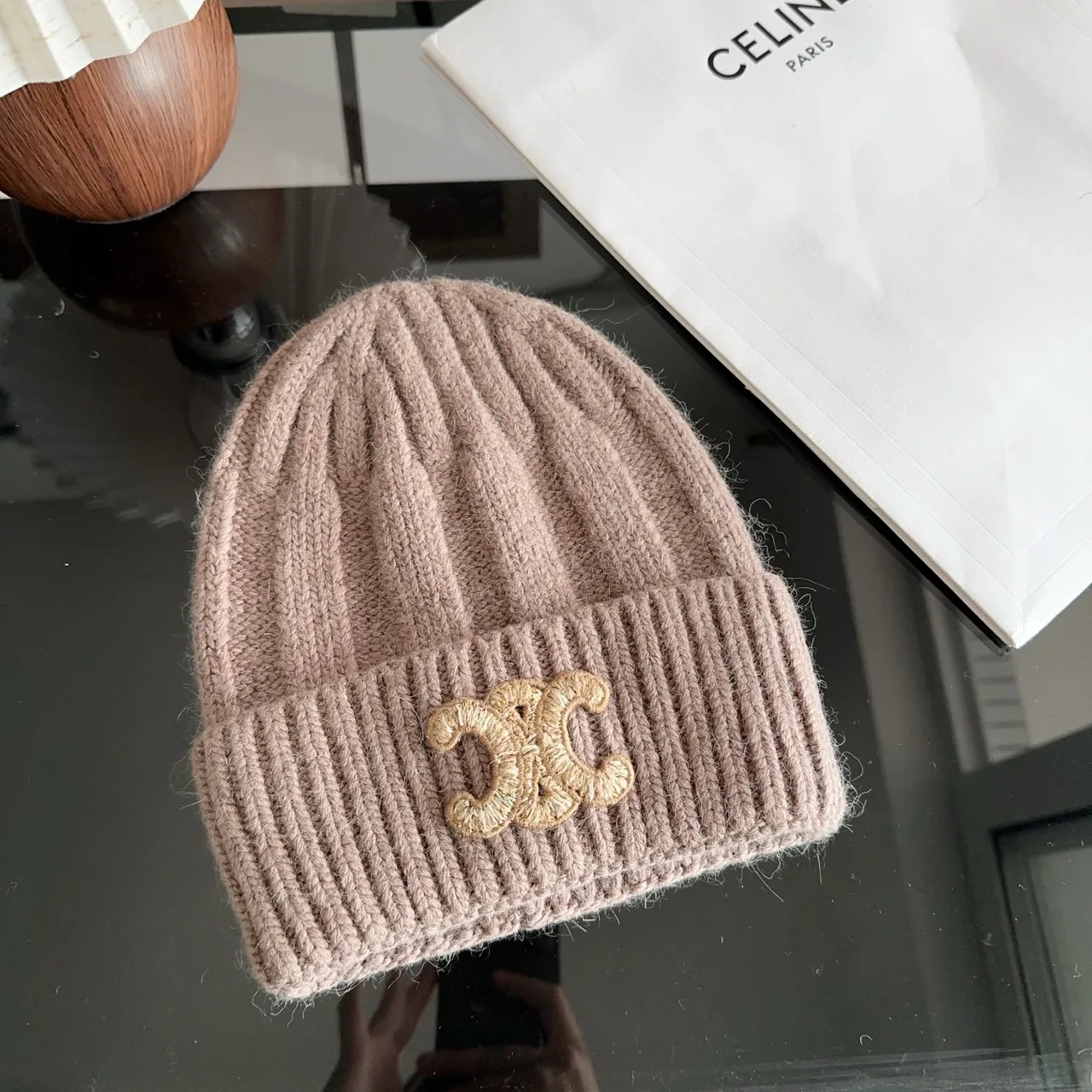 Celine Ribbed Glossy Beanie in Brown · view 4