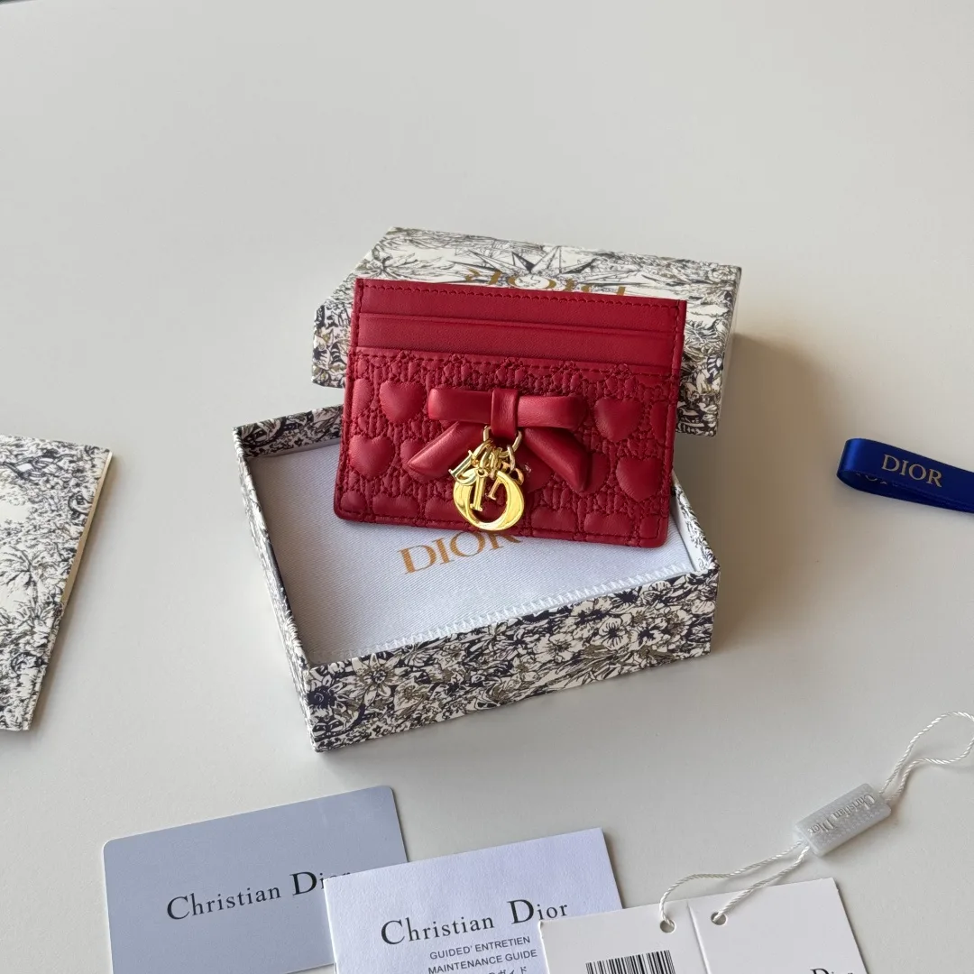Dior Lambskin Quilted Bow Cardholder in Red · view 1