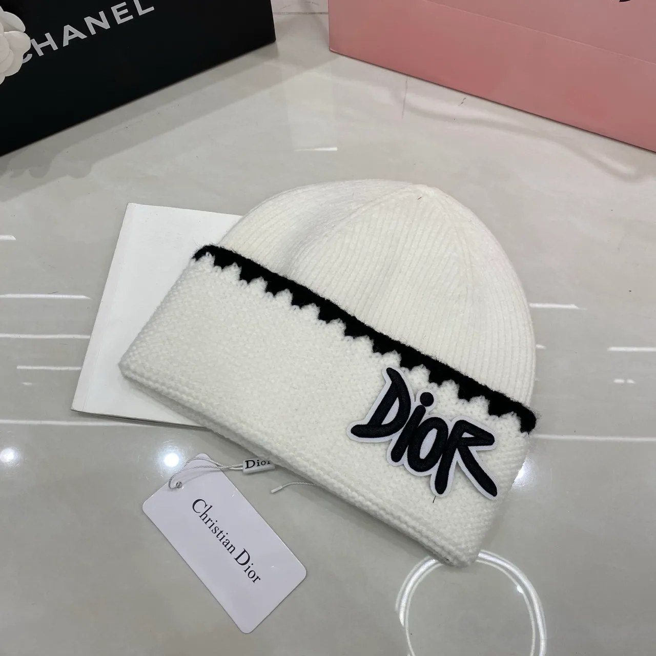 Dior Letter knit beanie in Black & White & Grey & Brown · view 2