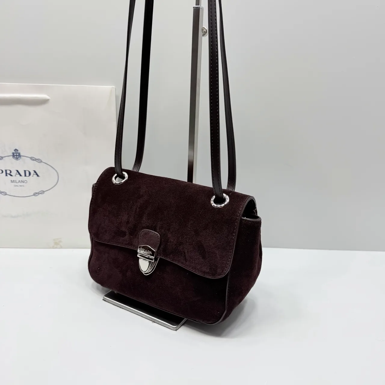 Prada Suede-Look Flap Shoulder Bag in Brown · view 4