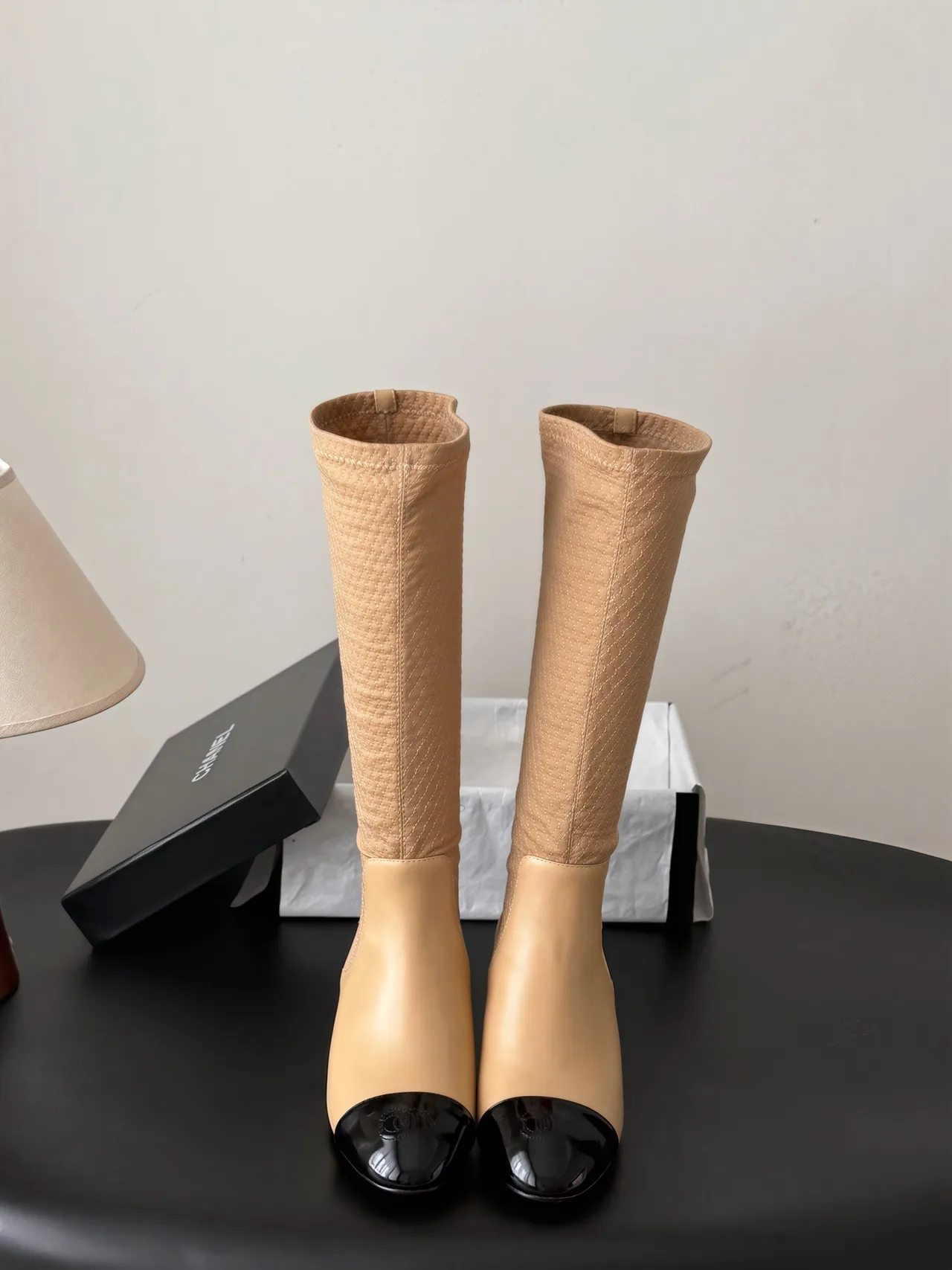 Chanel Cowhide Glossy Pointed-Toe Knee-High Boots in Beige · view 1