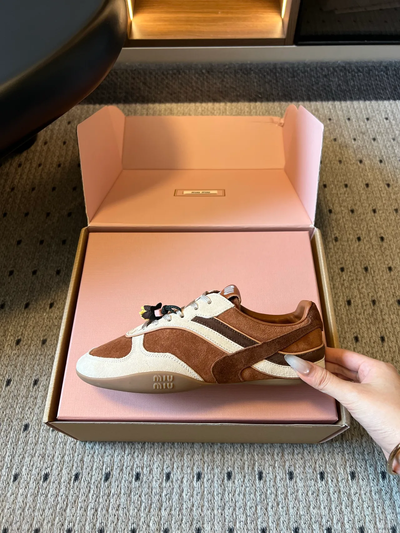 Miu Miu Suede-Look Round-Toe Low-Top Sneakers in Brown · view 4