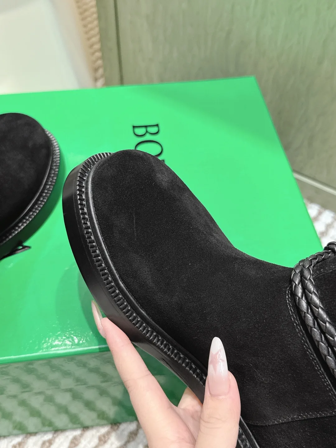 Bottega Veneta Calfskin Woven Glossy Ankle Boots in Black · view 6