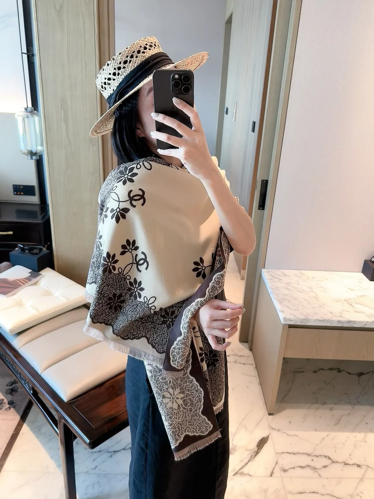 Chanel Camellia Border Shawl in Beige · view 6