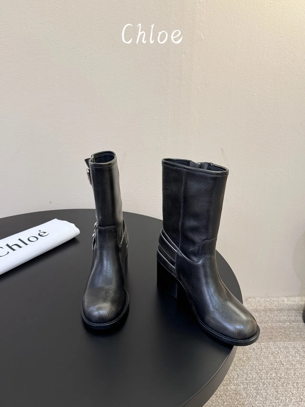Chloe Cowhide Glossy Round-Toe Ankle Boots in Black · view 2