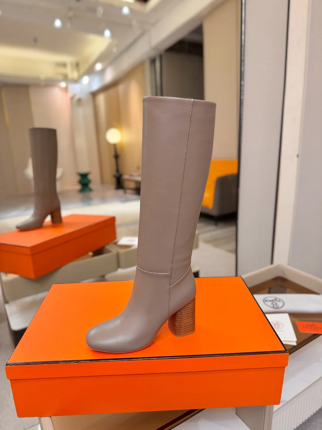 Hermes Cowhide Knee-High Boots in Grey · view 1