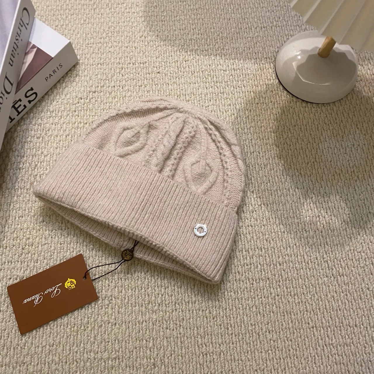 Loro Piana Cable-Emblem Beanie in Black & White & Tan & Grey & Pink & Brown & Blue · view 5