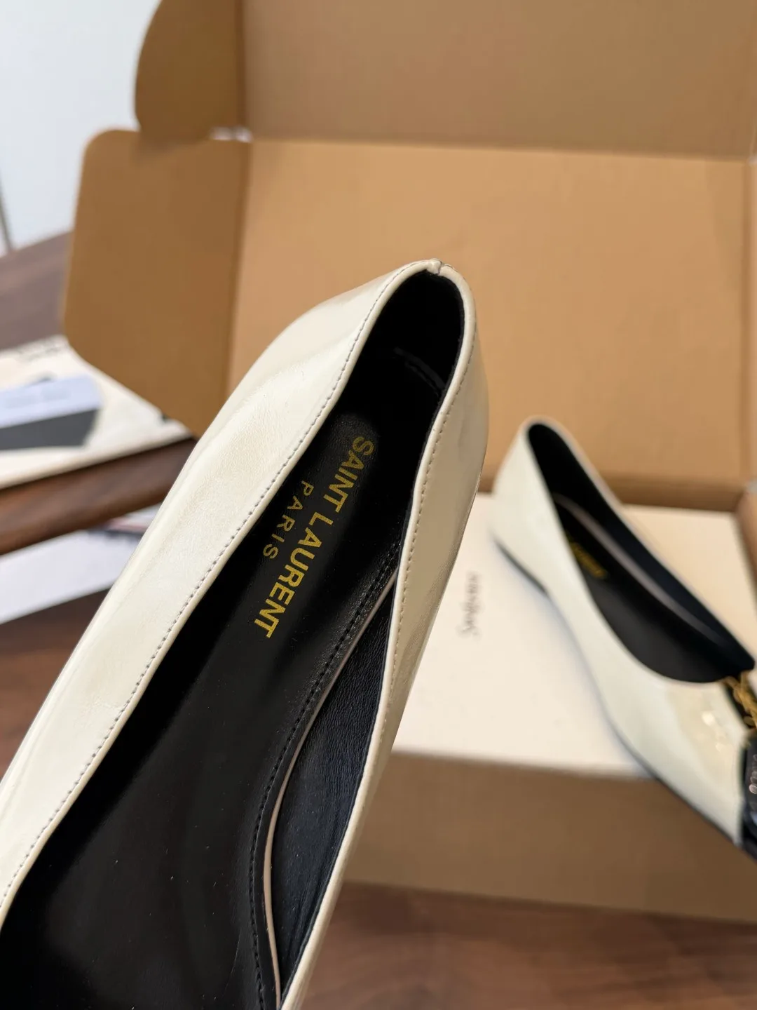 Saint Laurent Sheepskin Pointed-Toe Flats in Cream · view 7