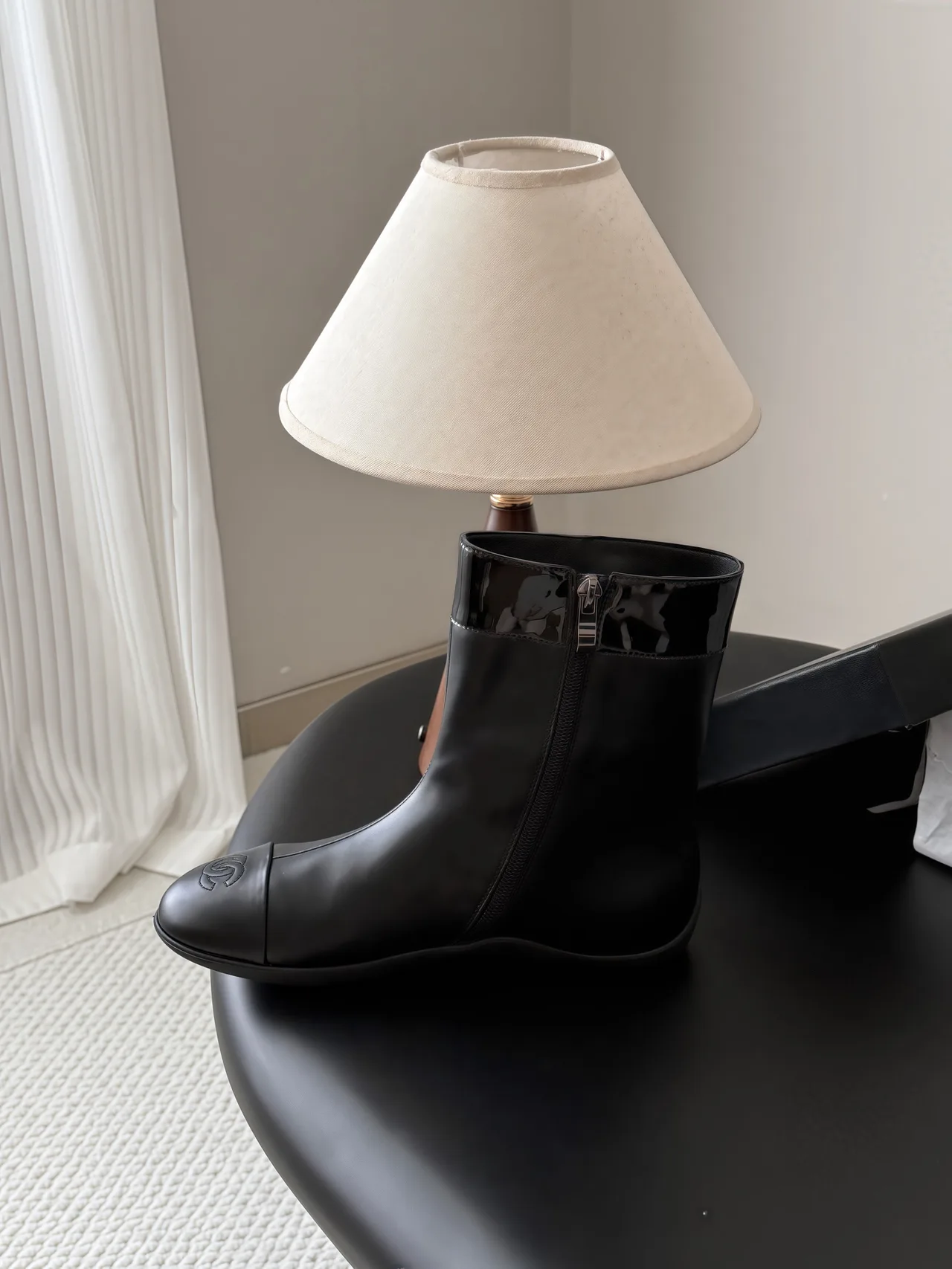 Chanel Cowhide Glossy Round-Toe Boots in Black · view 8