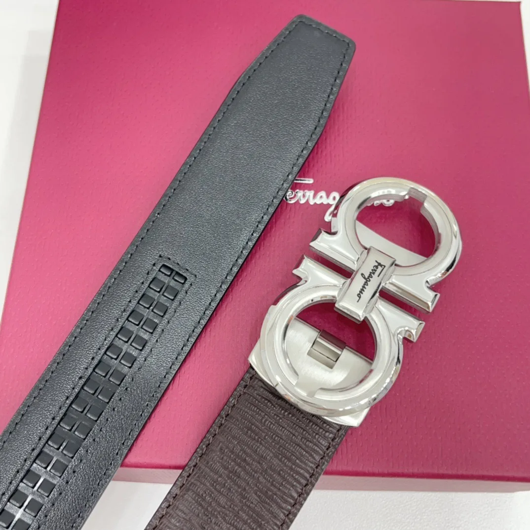 Ferragamo Calfskin Woven Ribbed Reversible Automatic Belt in Brown · view 5