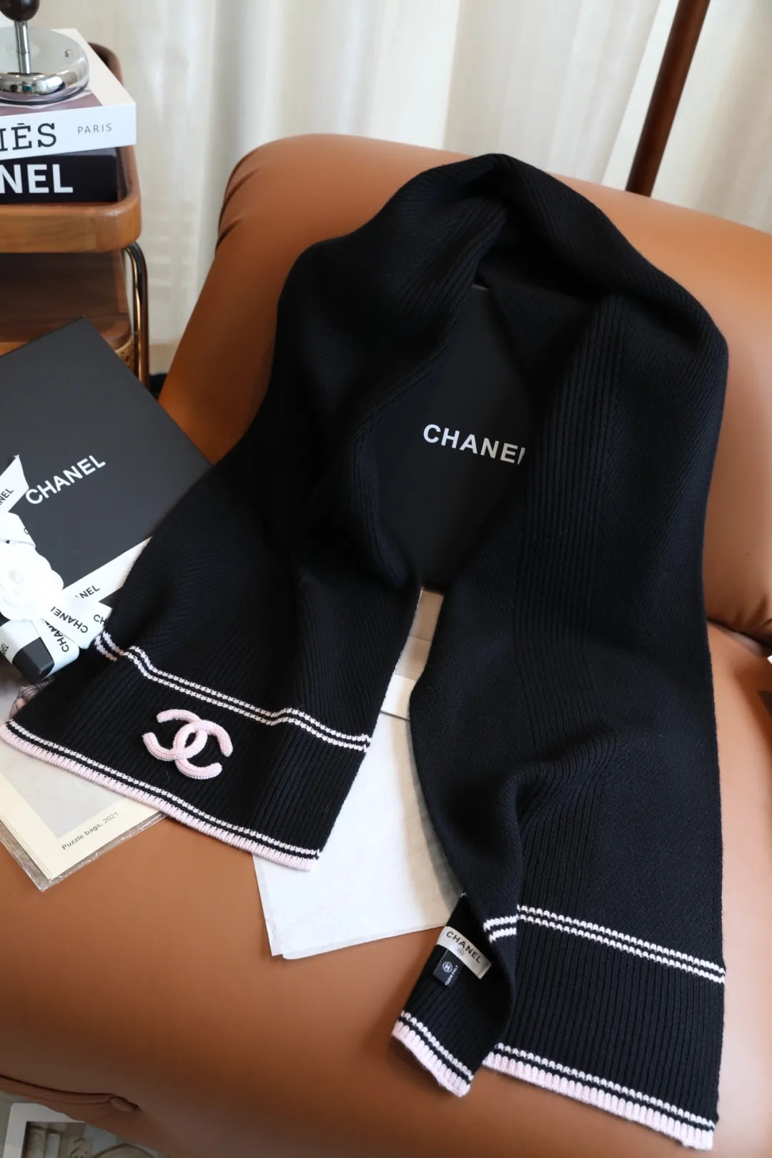 Chanel Wool Cashmere Striped Scarf in Black · view 4