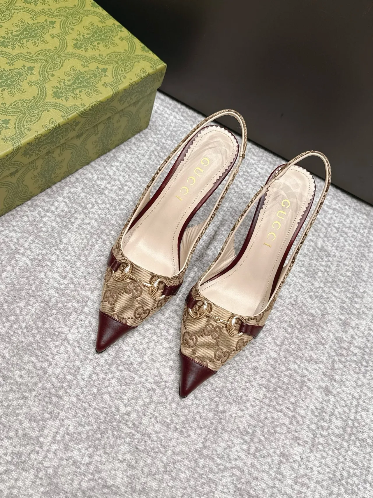 Gucci Glossy Pointed-Toe Monogram Slingback Pumps in Beige · view 1