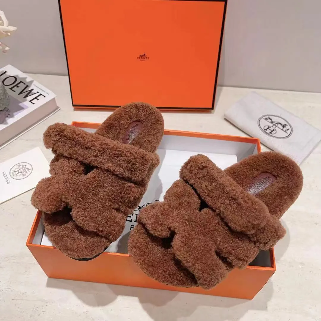 Hermes Sheepskin Chypre Shearling Slides in Brown · view 3