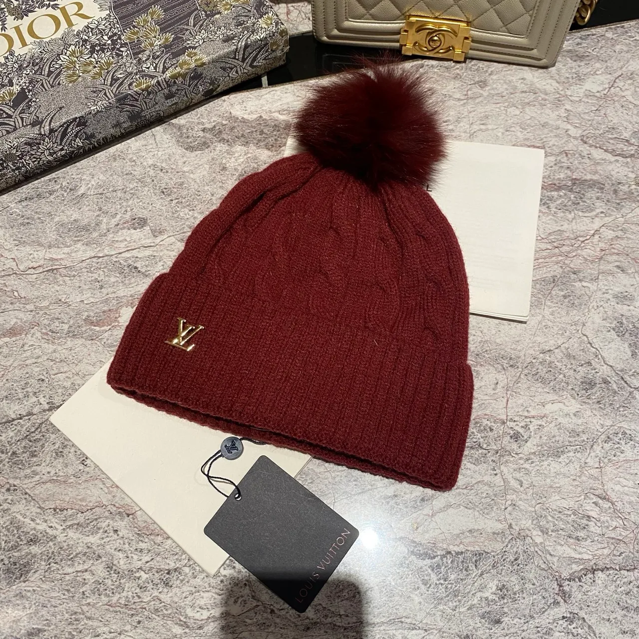 Louis Vuitton Cable knit pom beanie in Black & White & Blue & Burgundy & Cream & Grey & Brown & Pink · view 4