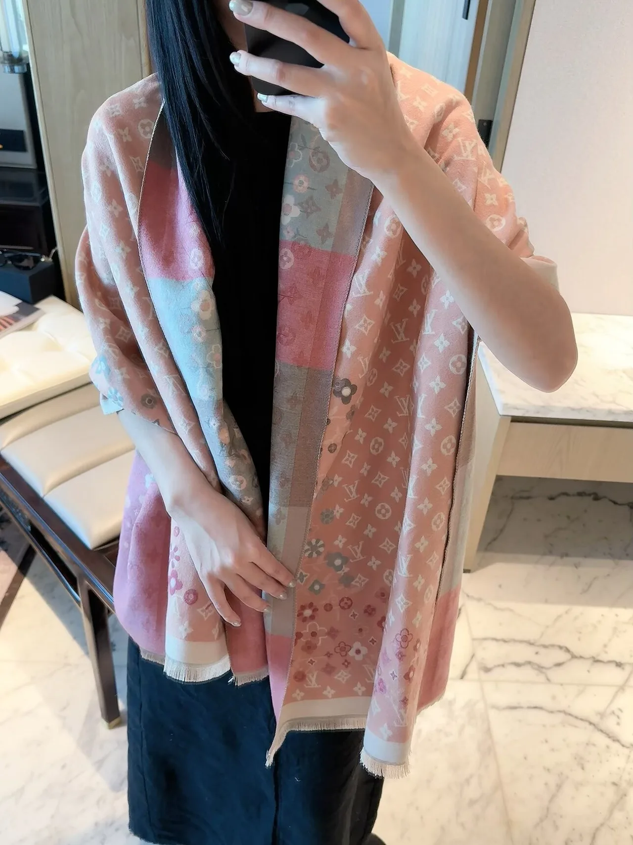 Louis Vuitton Floral Monogram Scarf in Pink & Cream · view 4