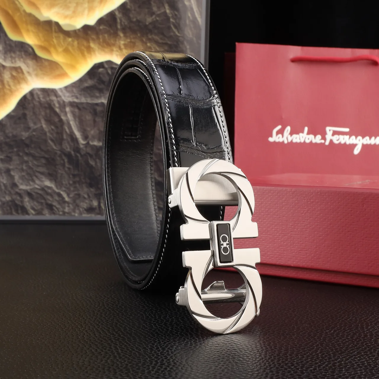 Ferragamo Croc-pattern automatic Gancini belt in Black · view 1