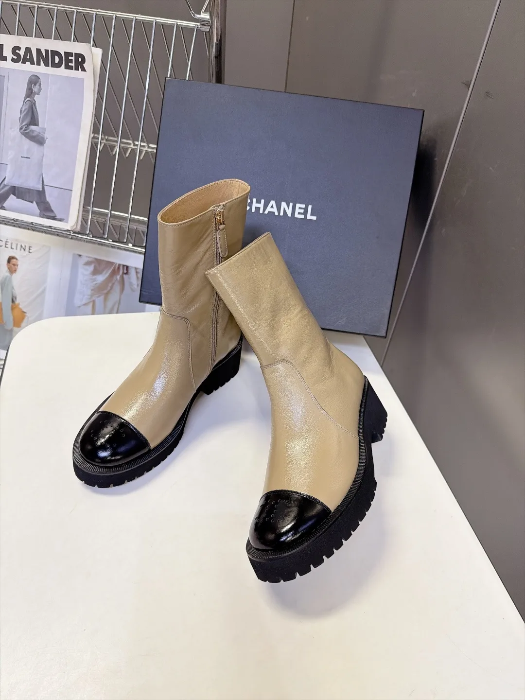 Chanel Cowhide Patent Leather Glossy Round-Toe Ankle Boots in Beige · view 4
