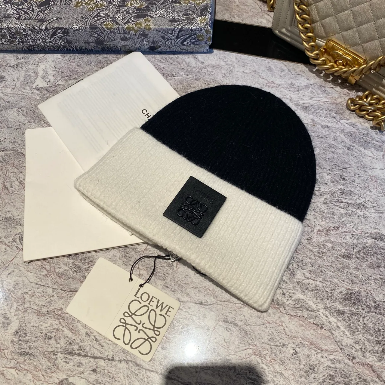 Loewe Colorblock logo-patch knit beanie in Black & Cream & Tan · view 1